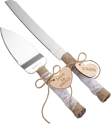 TANG SONG Rustic Style Stainless Steel Wedding Cake Knife and Serving Set Resin Plastic Handle with Twine Heart Love Wood Tag and Burlap Lace Design