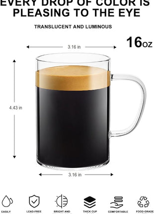 LUXU Glass Coffee Mugs 16 oz,Set of 4 Large Glass Coffee Cups Clear Tea Cups,Iced Coffee Glasses,Lead-Free Drinking Glasses for Water,Cappuccino,Latte,Cereal,Yogurt,Milk-Flat Bottomed Design