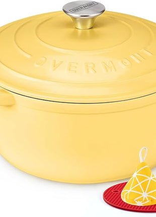 Overmont Enameled Cast Iron Dutch Oven - 5.5QT Pot with Lid Cookbook & Cotton Potholders - Heavy-Duty Cookware for Braising, Stews, Roasting, Bread Baking Goose Yellow