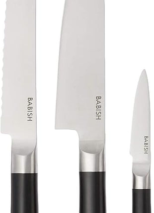 Babish German High-Carbon 1.4116 Steel Cutlery Knife Set, 3-Piece (Chef, Bread, & Pairing Knive) w/Kitchen Knives Roll