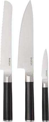 Babish German High-Carbon 1.4116 Steel Cutlery Knife Set, 3-Piece (Chef, Bread, & Pairing Knive) w/Kitchen Knives Roll