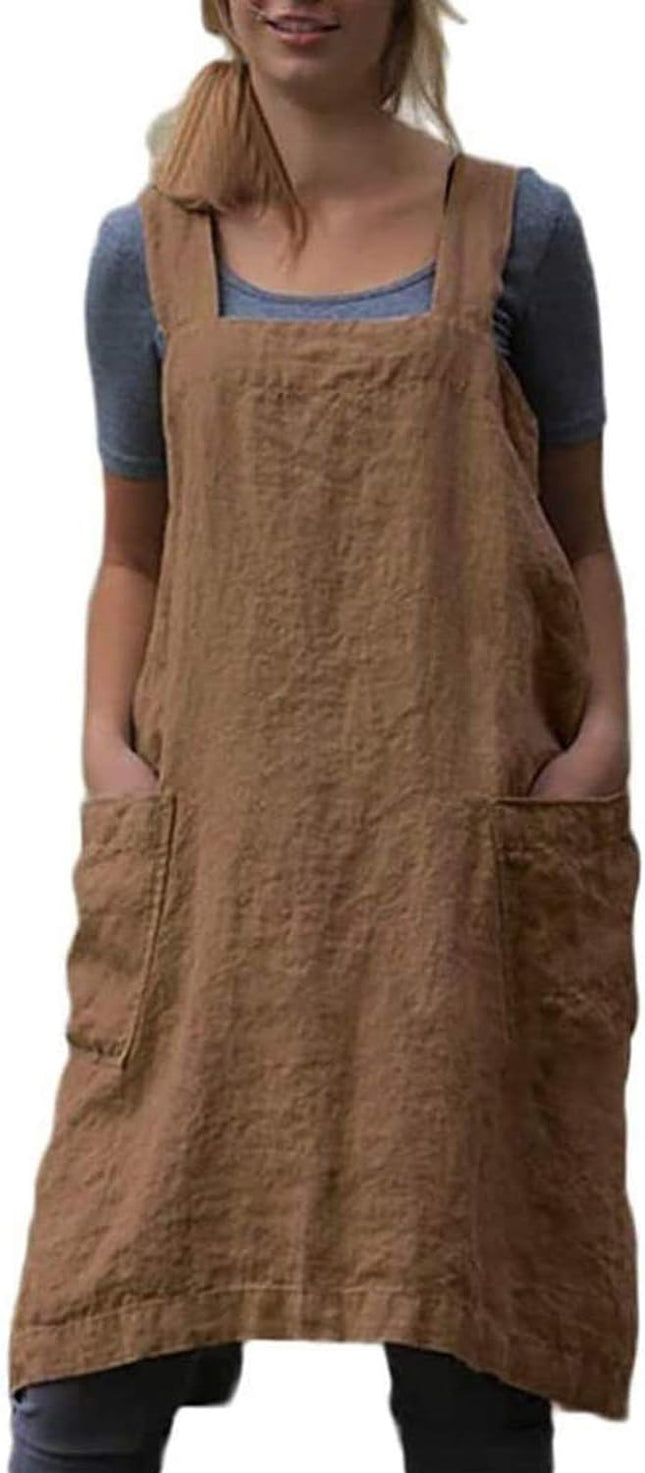 YESDOOD Cotton Linen Apron Cross Back Apron for Women with Pockets Pinafore Dress for Baking Cooking
