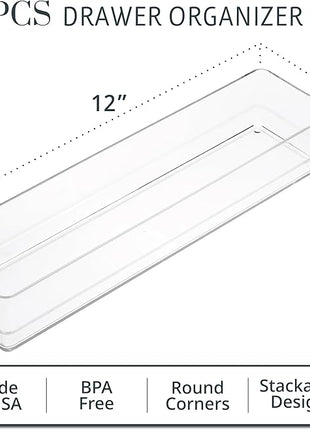 STORi SimpleSort 6-Piece Stackable Clear Drawer Organizer Set | 12" x 3" x 2" Rectangle Trays | Narrow Makeup Vanity Storage Bins and Office Desk Drawer Dividers | Made in USA