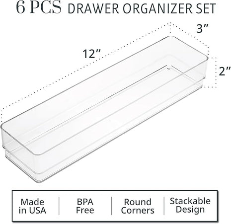 STORi SimpleSort 6-Piece Stackable Clear Drawer Organizer Set | 12" x 3" x 2" Rectangle Trays | Narrow Makeup Vanity Storage Bins and Office Desk Drawer Dividers | Made in USA