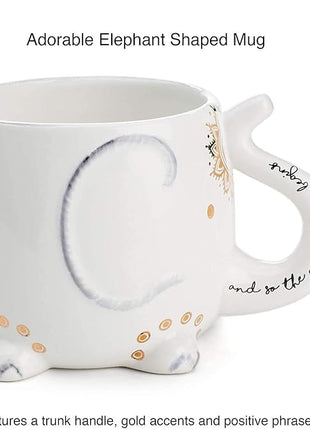VOTUM Elephant Ceramic Coffee or Tea Mug - Animal Shaped Cup with Hand Printed Designs Saying “And So the Adventure Begins” - Cute Handmade Gift for Men or Women Elephant Lovers – 18.6 Fluid Ounce