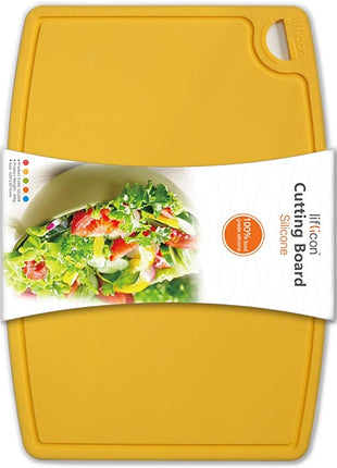 Liflicon Thick Silicone Cutting Board 12.6'' x 9.1'' Juice Grooves Easy Grip Handle Dishwasher Safe-Yellow
