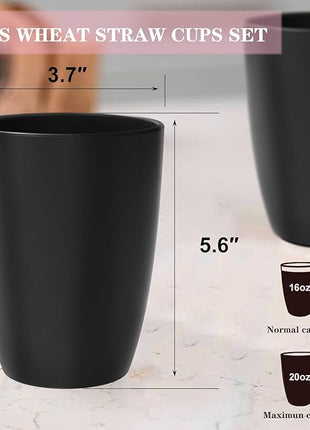 Homienly Wheat Straw Cups, 20 OZ Drinking Cups Set of 6, Plastic Cups Reusable, Stackable Kitchen Cups Set, Dishwasher Safe Water Glasses, Unbreakable Drinking Glasses for Camping, Traveling - Black