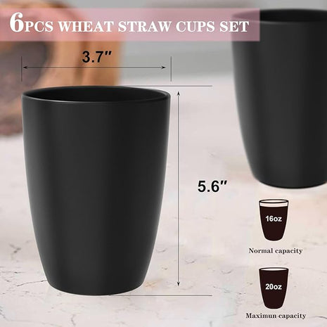 Homienly Wheat Straw Cups, 20 OZ Drinking Cups Set of 6, Plastic Cups Reusable, Stackable Kitchen Cups Set, Dishwasher Safe Water Glasses, Unbreakable Drinking Glasses for Camping, Traveling - Black