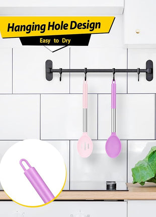 Pack of 2 Large Silicone Cooking Spoon Non Stick Solid Basting Spoons Heat-Resistant Kitchen Utensils for Mixing Serving (Pink-Purple)