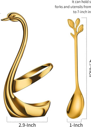 AnSaw Gold Small Coffee Spoon Holder Set,Swan Base With 10 Pcs Demitasse Espresso Spoons Set,4.7" Mini Leaf Dessert Spoon,Stainless Steel Tea Spoons
