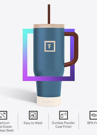 IRON °FLASK Co-Pilot Insulated Mug w/Boot, Straw & Flip Cap Lids - Cup Holder Bottle for Hot, Cold Drink - Leak-Proof - Water, Coffee Portable Travel Mug - Cream & Berries, 40 Oz