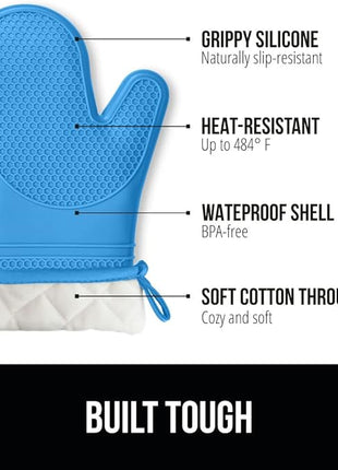 GORILLA GRIP BPA-Free Soft Silicone Oven Mitts, 14.5x8.3, Heat Resistant and Waterproof Cooking Gloves, Thick Cotton Lining, Flexible Gripping for Baking Grilling, Kitchen Potholders Set of 2, Aqua