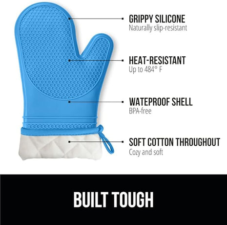 GORILLA GRIP BPA-Free Soft Silicone Oven Mitts, Heat Resistant and Waterproof Cooking Gloves, Thick Cotton Lining, Flexible Gripping for Baking Grilling, Kitchen Potholders Set of 2, 12.5x8.3, Aqua
