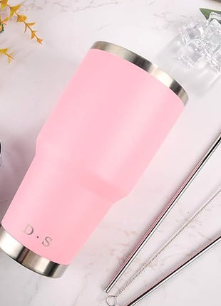 D·S 30 oz Pink Tumbler Stainless Steel Double Wall Vacuum Insulated Mug with Straw and Lid, Cleaning Brush for Cold and Hot Beverages (30oz Pink)