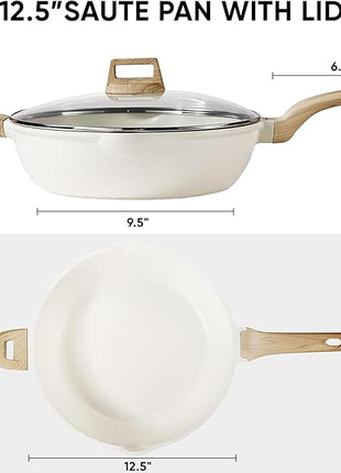 CAROTE 12.5Inch Nonstick Deep Frying Pan with Lid, 6.5 Qt Jumbo Cooker Saute Pan with Pour Spout, Skillet Induction Cookware, Non Stick Cooking Pan Kitchen Pan PFOA Free, White Granite