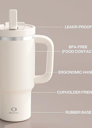 32 oz Tumbler with Handle and Straw: Stainless Steel Insulated Tumbler Keeps Cold for 24 Hours, Leakproof Travel Cup Fits in Cup Holder and BPA-Free, Cream Moon