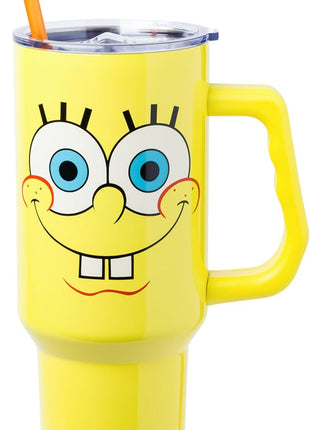 Silver Buffalo SpongeBob SquarePants Stainless Steel Tumbler with Handle, Fits in Standard Cup Holder, 40 Ounces