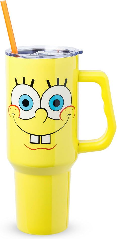 Silver Buffalo SpongeBob SquarePants Stainless Steel Tumbler with Handle, Fits in Standard Cup Holder, 40 Ounces