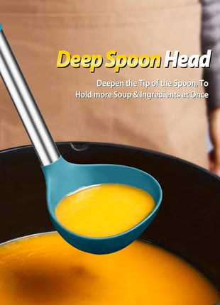 Silicone Pasta Fork and Ladle Spoon Set, Large Non Stick Kitchen Utensils for Cooking,Stirring,Serving Spaghetti, Soup, Sauce (BLUE)