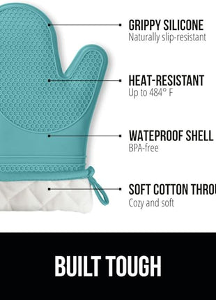 GORILLA GRIP BPA-Free Soft Silicone Oven Mitts, Heat Resistant and Waterproof Cooking Gloves, Thick Cotton Lining, Flexible Gripping for Baking Grilling, Kitchen Potholders Set, 12.5x8.3, Turquoise