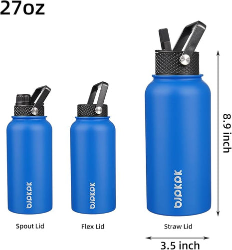 BJPKPK Insulated Water Bottles with Straw Lid, 27oz Stainless Steel Water Bottle with 3 Lids, Leak Proof BPA Free Metal Thermo, Mugs, Tumblers, Keep Cold Hot - Sapphire