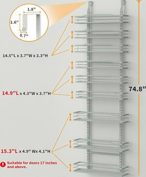 Moforoco Grey 9-Tier Over The Door Pantry Organizer, Pantry Organization and Storage, Black Hanging Basket Wall Spice Rack Seasoning Shelves