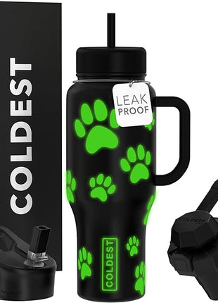 Coldest Tumbler with Handle and Straw - 100% Leak Proof Insulated Tumbler with Lid and Straw (3 Lids) - Stainless Steel Tumblers for Women & Men - Cup Holder Friendly Base, 36 oz (Glowie Paws)