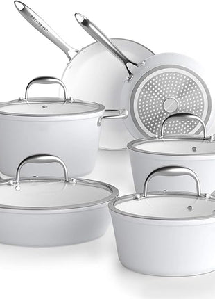 COOKSMARK Nonstick Ceramic Cookware Set, Induction & Dishwasher Safe Scratch-Resistant Pots and Pans Set with Glass Lids 10 Pieces, White