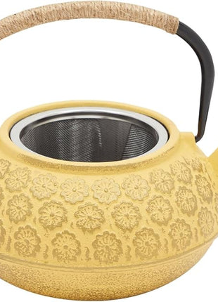 Juvale Japanese Cast Iron Teapot - Stainless-Steel Infuser & Loose Leaf Tea Pot - Superior Heat Retention Cast Iron Kettle - Elegant Floral Trivet For Home Tea Set - 800 ml, Yellow