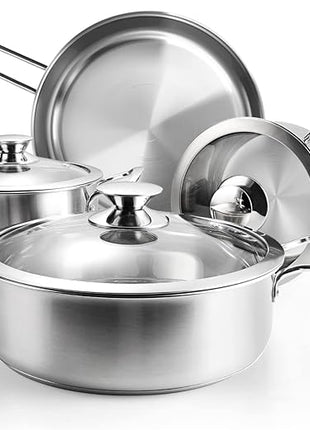 Stainless Steel Pots and Pans Set, 7-Piece Kitchen Cookware Sets with Glass Lids, Stay-Cool Handle, Oven Safe, Works with Induction/Electric and Gas Cooktops, Dishwasher