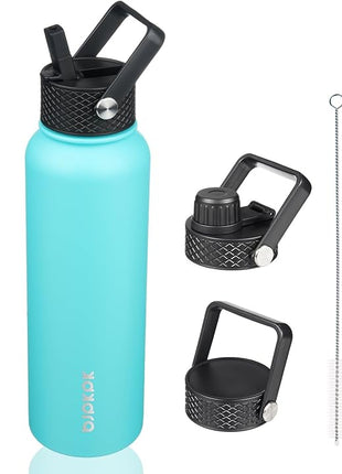 BJPKPK Insulated Water Bottles with Straw Lid, 40oz Stainless Steel Water Bottles with 3 Lids, BPA Free Leakproof Thermo, Tumblers, Cups for Sports, Gym- Turquoise