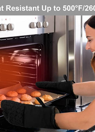 KEGOUU Oven Mitts and Pot Holders 6pcs Set, Kitchen Oven Glove High Heat Resistant 500 Degree Extra Long Oven Mitts and Potholder with Non-Slip Silicone Surface for Cooking (Black)