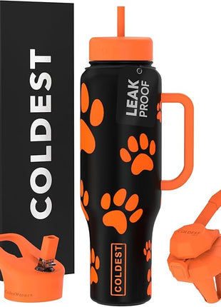 Coldest Tumbler with Handle and Straw, 100% Leak Proof Insulated Tumbler with Lid and Straw (3 Lids), Stainless Steel Tumblers for Women & Men, Cup Holder Friendly Base, 46 oz (Pumkin Paws)