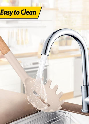 Silicone Pasta Fork and Ladle Spoon Set with Wooden Handle, Heat Resistant Non Stick Kitchen Utensils for Cooking, Stirring, Serving Spaghetti, Soup, Sauce(KHAKI)