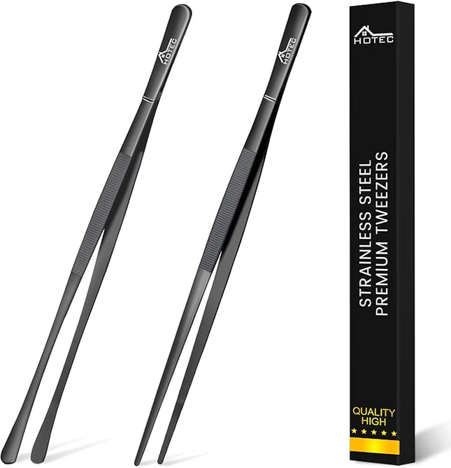 HOTEC Kitchen Tweezers Tongs Stainless Steel Professional Chef Tweezers, Set of 2-12inch Extra-Long Food Tongs for Cooking,Grill and Baking