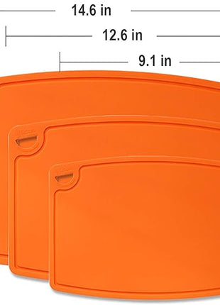 Liflicon Silicone Thick Cutting Boards Mats Set of 3pcs Foldable & Flexible Design Juice Grooves Easy Grip Handle Dishwasher Safe for Kitchen,BPA free Chif-Orange
