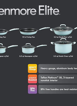 Kenmore Elite Andover Nonstick Platinum Forged Aluminum Cookware Set, 10-Piece, Glacier Blue