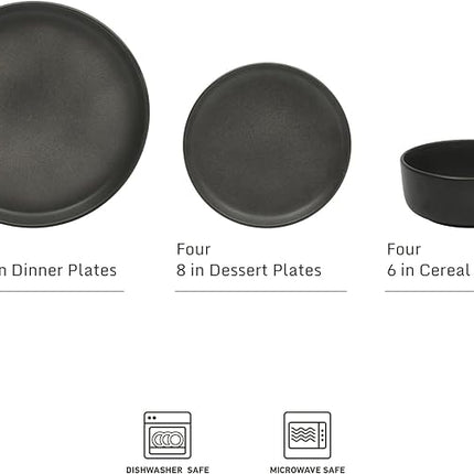 Gibson Elite Pasco 12 Piece (Service for 4) Plates and Bowls Reactive Glaze Dishes Stoneware Ceramic Dinnerware Set - Black
