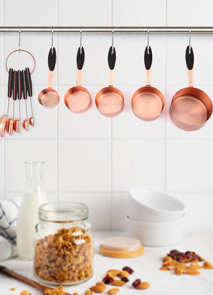 Joyhill Copper Measuring Cups and Spoons Set of 10 Piece, Stainless Steel Nesting Measuring Cup Set with Soft Touch Silicone Handles for Dry and Liquid Ingredients