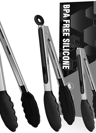 Walfos Kitchen Tongs - Heat Resistant Cooking Tongs Set of 3, Stainless Steel and BPA Free Silicone Tips, Great for Cooking, Grilling, Turning, 7" 9" and 12" (3 black silicone tongs)