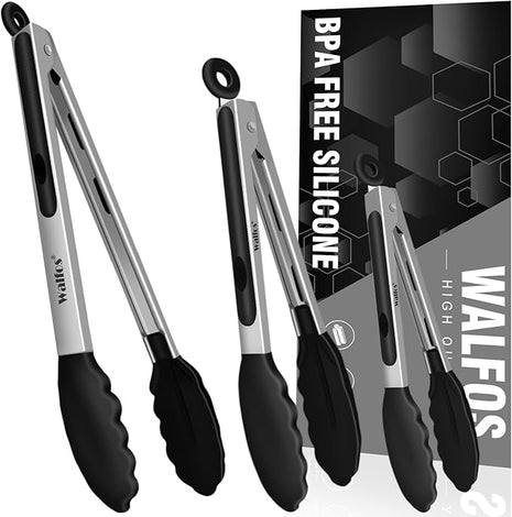 Walfos Kitchen Tongs - Heat Resistant Cooking Tongs Set of 3, Stainless Steel and BPA Free Silicone Tips, Great for Cooking, Grilling, Turning, 7" 9" and 12" (3 black silicone tongs)