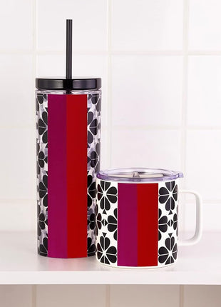 kate spade new york Acrylic Tumbler with Lid and Straw, 24 oz Tumbler, Slim Double Wall Tumbler, Spade Flower Stripe