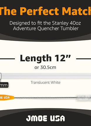 Jmoe USA 12" Replacement Straws for Stanley 40oz & 30oz Tumblers | Fits Reduce 50 oz & 40 oz Cold1 Tumblers | 6-Pack of Reusable Plastic Straws With Cleaning Brush | Food Grade & BPA Free (White)