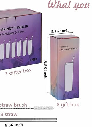 8 Pack 20 Oz Straight Skinny Tumblers, Individually Gift Boxed Stainless Steel Slim Skinny Tumbler Set Bulk, 20 Oz Insulated Slim Thin Travel Tumbler Cup for Diy, Silver