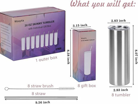 8 Pack 20 Oz Straight Skinny Tumblers, Individually Gift Boxed Stainless Steel Slim Skinny Tumbler Set Bulk, 20 Oz Insulated Slim Thin Travel Tumbler Cup for Diy, Silver