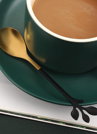 AnSaw Small Coffee Spoon Holder Set,Black Swan Base With 10 Pcs Black & Gold Demitasse Espresso Spoons Set,4.7" Mini Leaf Dessert Spoon,Stainless Steel Tea Spoons