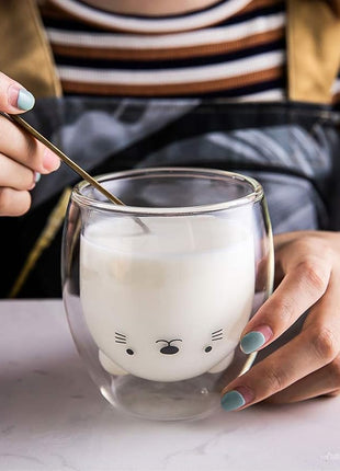 Cat Mug Cute Mugs Glass Double Wall Insulated Glass Espresso Cup, Kawaii Cup, Coffee Cup, Tea Cup, Milk Cup, Best gift for Office and Personal Birthday Christmas (Cat)