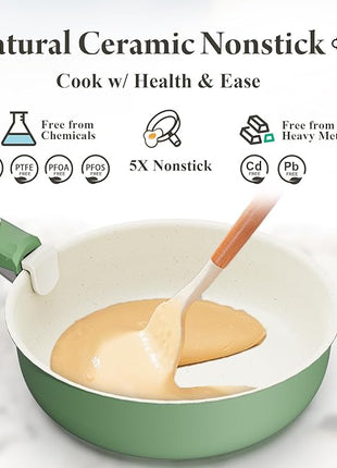 Ceramic Nonstick Cookware Set, Healthy,Non Toxic,17-Pieces Pots and Pans Set Removable Handles,Induction RV Kitchen Set,Stain & Scratch-resistant,Dishwasher/Oven Safe,PFAS/PFOA Free,Green