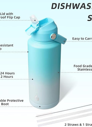 BJPKPK Water Bottle with Straw Lid, 32oz Vacuum Insulated Water Bottles, Metal Stainless Steel Thermo for Sports, Travel, BPA Free Leak Proof Thermo, Cups, Flasks, Tumblers,Sea Salt