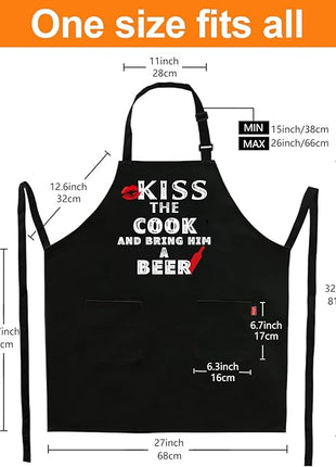 Grilling Apron - KISS THE COOK AND BRING HIM A BEER - Funny BBQ Aprons for Men Women Chef, Adjustable Kitchen Bib Apron with 2 Pockets and 40" Long Ties, Perfect for Cooking, Baking - Black
